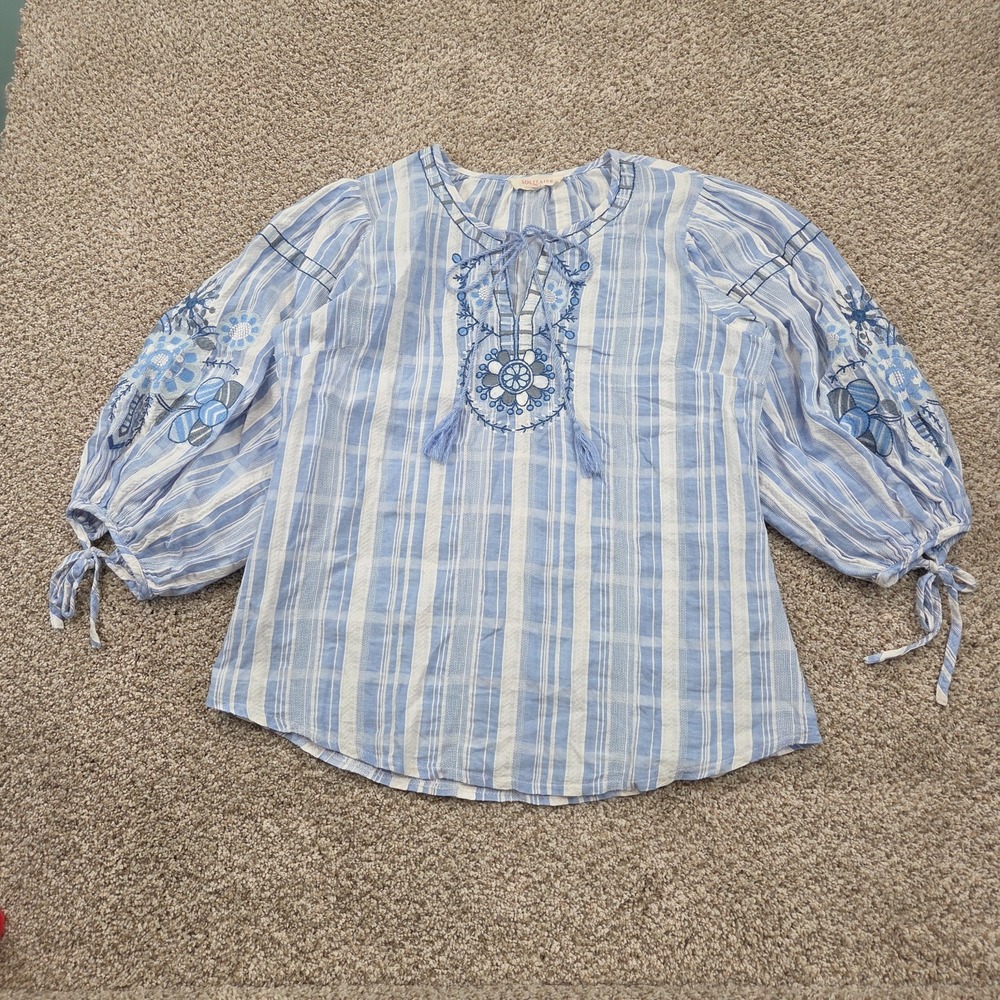 Solitaire Embroidered Peasant Blouse M White Blue Boho Cotton Balloon 3/4 Sleeve